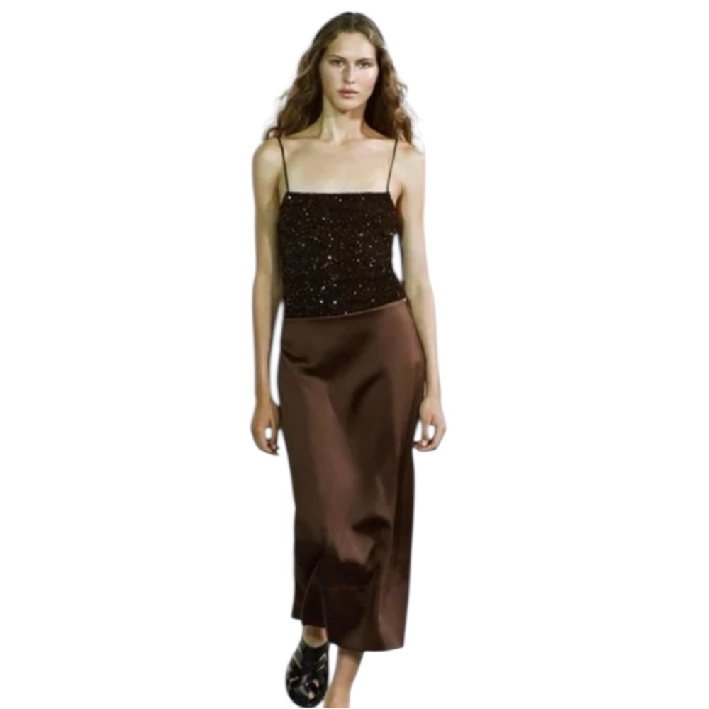 Zara Skirt Satin Midi Pencil High Waist Back Slit Brown XS NWT
